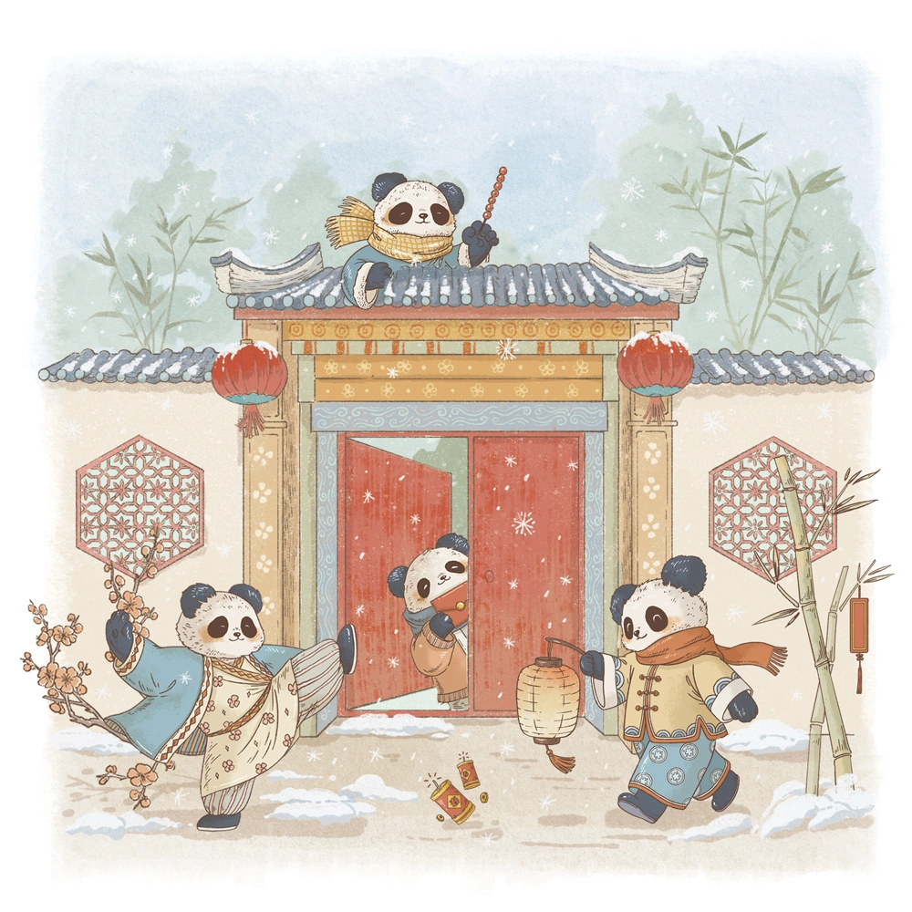 熊猫一家在雪中提灯迎接新年